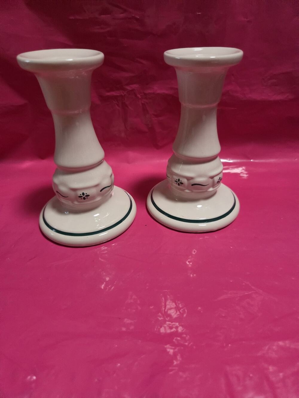 Longaberger Woven Traditions Pottery Heritage Green Taper Candle Candlesticks 2